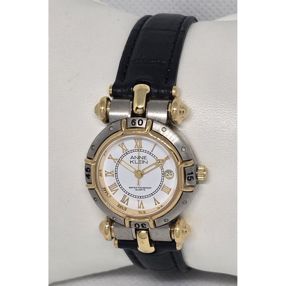 Women's Anne Klein Trendy Petite Two Tone White Dial Black Leather Band Watch 14 - Picture 2 of 9